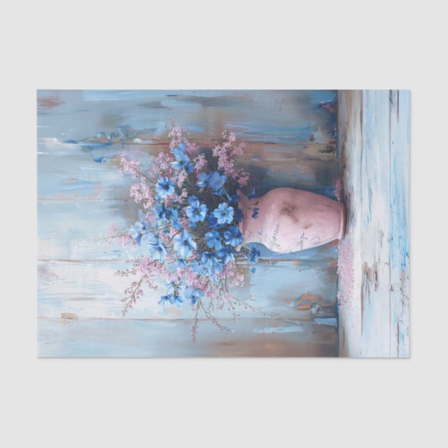 Papel De Seda Flores azules en una mezcla de Shabby en una base  (Anverso)