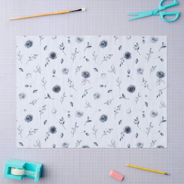 Papel De Seda Flores Azules Marinos (Artesanía)
