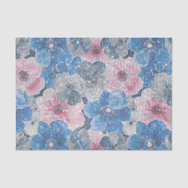 Papel De Seda Flores Azules Rosadas Brillan (Anverso)
