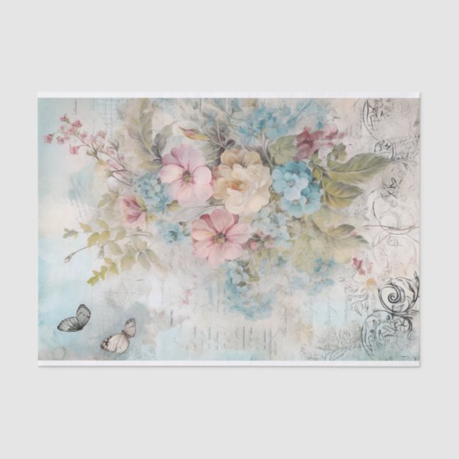 Papel De Seda Flores azules, rosas y blancas de medios mixtos vi (Anverso)