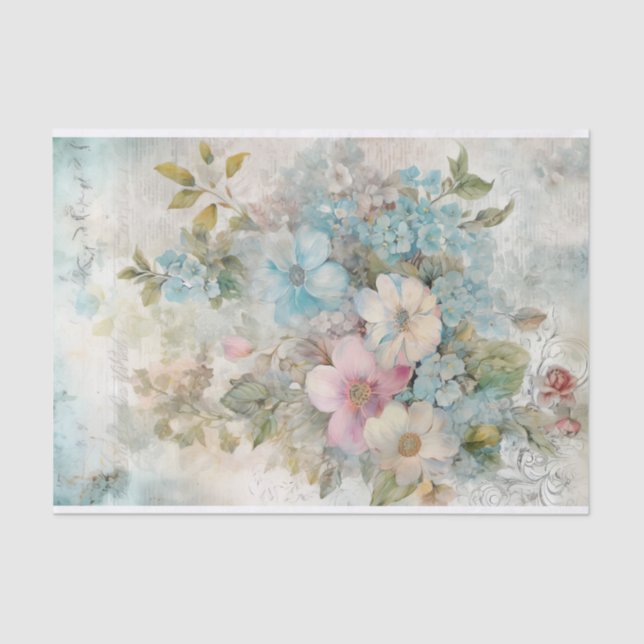 Papel De Seda Flores azules, rosas y blancas de medios mixtos vi (Anverso)