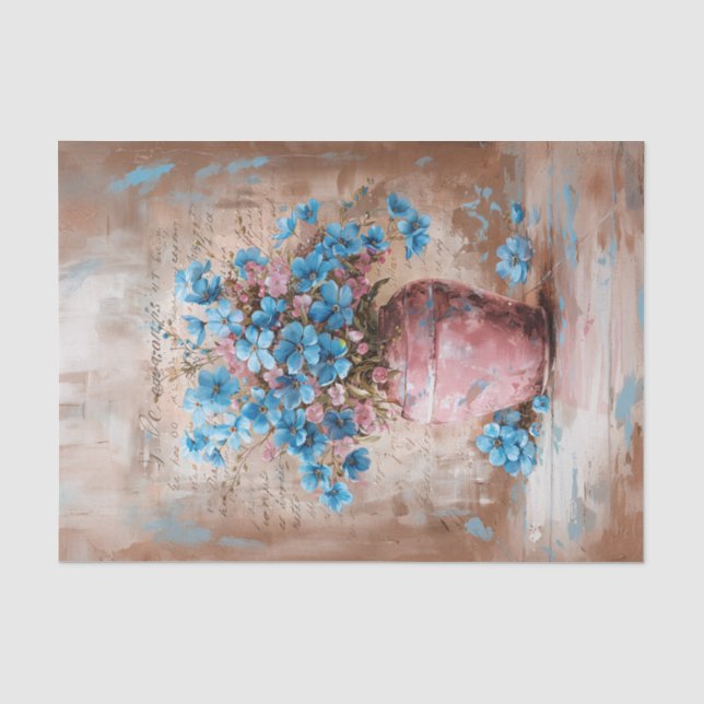 Papel De Seda Flores Azules Rústicas Jarrón Rosado Decoupage Des (Anverso)