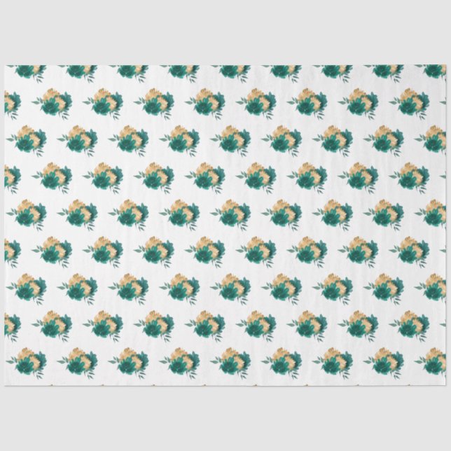 Papel De Seda Flores azules verde azuladas y patrón de vegetació (Anverso)