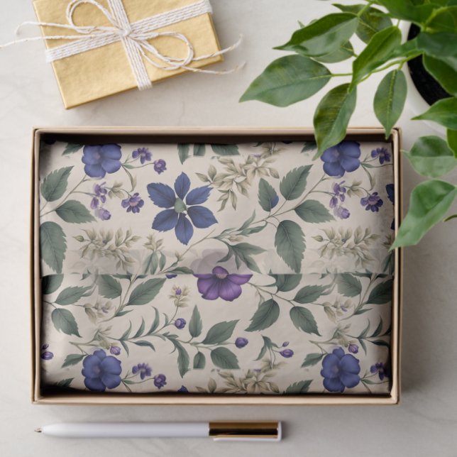 Papel De Seda Flores Azules y Moradas Follaje Marfil y Verde (Regalo )