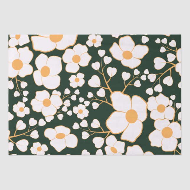 Papel De Seda Flores blancas centradas en el amarillo y fondo ve (Anverso)