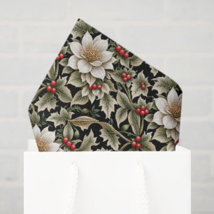 Papel De Seda Flores Blancas con Acebo y Bayas Rojas