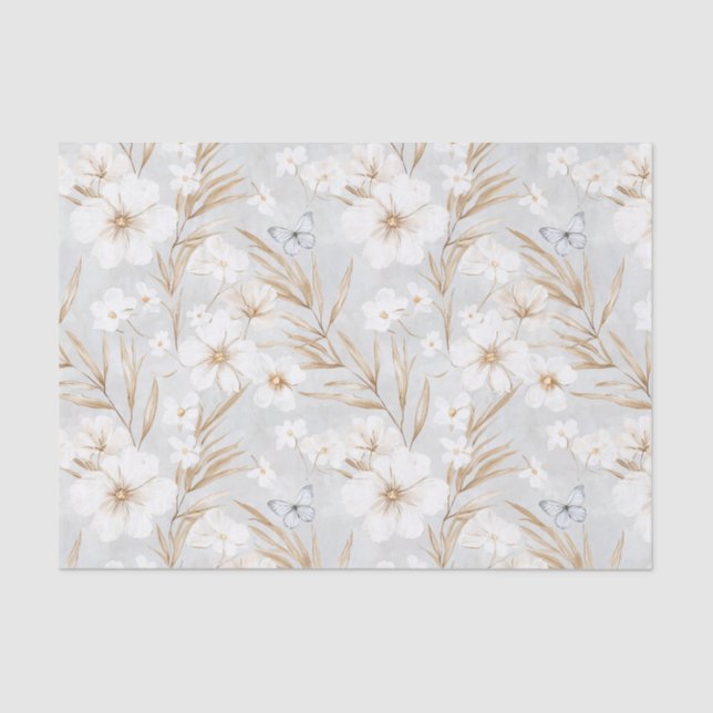 Papel De Seda Flores blancas crema Mariposas azules Baby Shower  (Anverso)