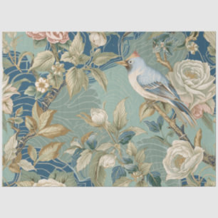Papel De Seda Flores Blancas de Crema de Pájaro Azul Pintura Dec