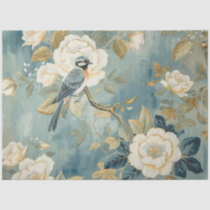 Papel De Seda Flores Blancas de Crema de Pájaro Azul Pintura Dec