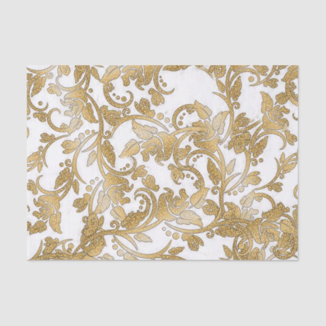 Papel De Seda Flores blancas del purpurina del falso oro (Anverso)