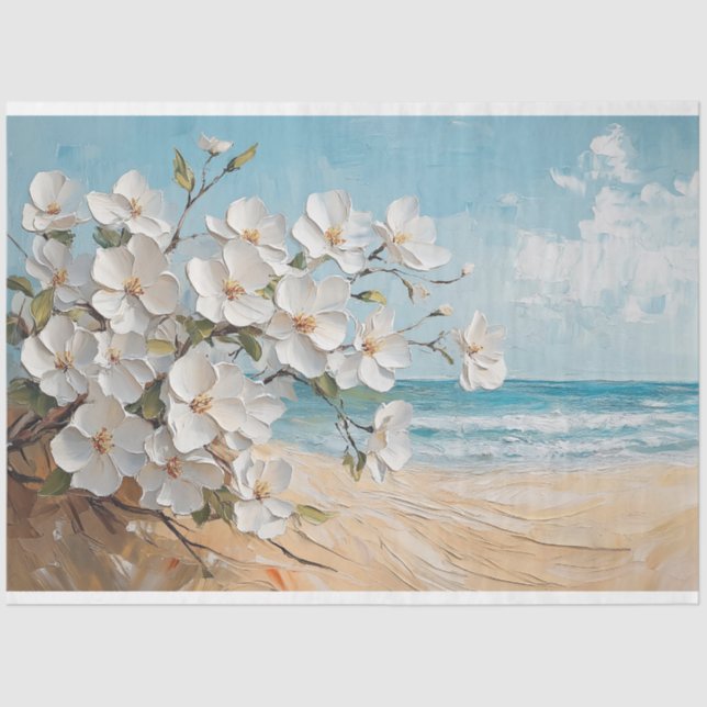 Papel De Seda Flores blancas en la pintura de aceite de playa (Anverso)
