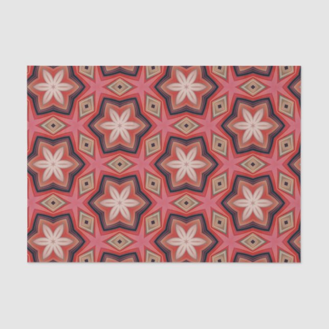 Papel De Seda Flores Blancas Geométricas Kaleidoscópicas En Rojo (Anverso)