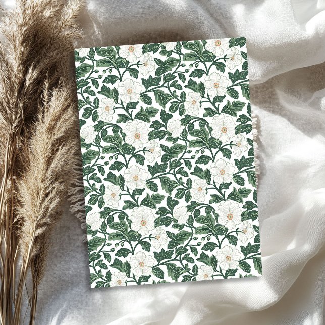 Papel De Seda Flores blancas inspiradas en William Morris (William Morris inspired white flowers greenery Tissue Paper)