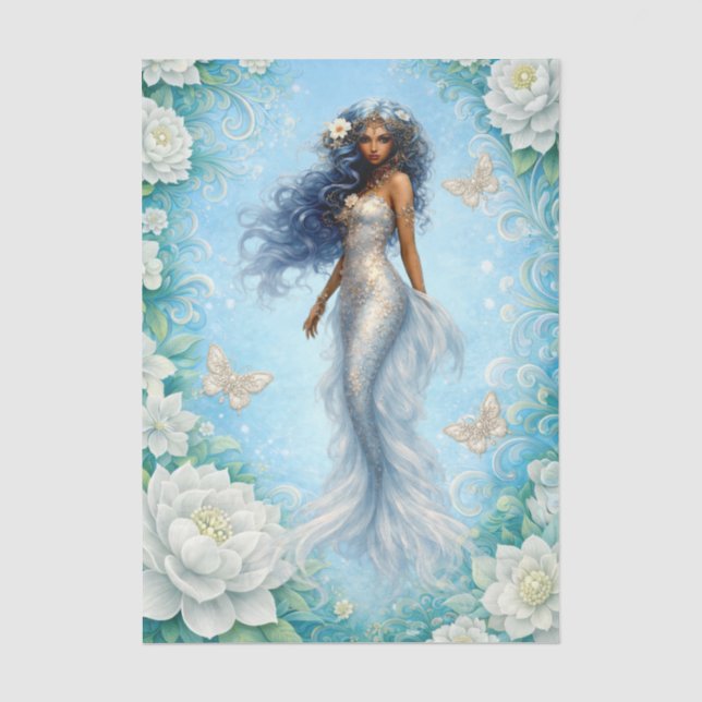 Papel De Seda Flores blancas sirena y mariposas decoupage (Anverso)
