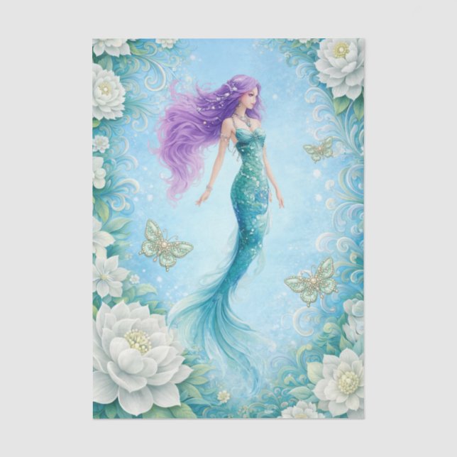 Papel De Seda Flores blancas sirena y mariposas decoupage  (Anverso)