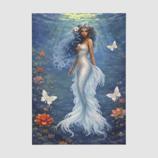 Papel De Seda Flores blancas sirena y mariposas decoupage (Anverso)