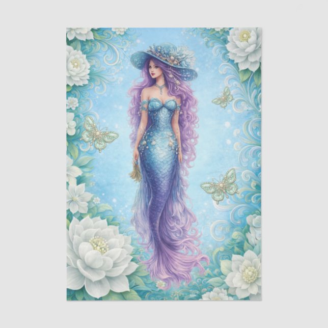 Papel De Seda Flores blancas sirena y mariposas decoupage  (Anverso)