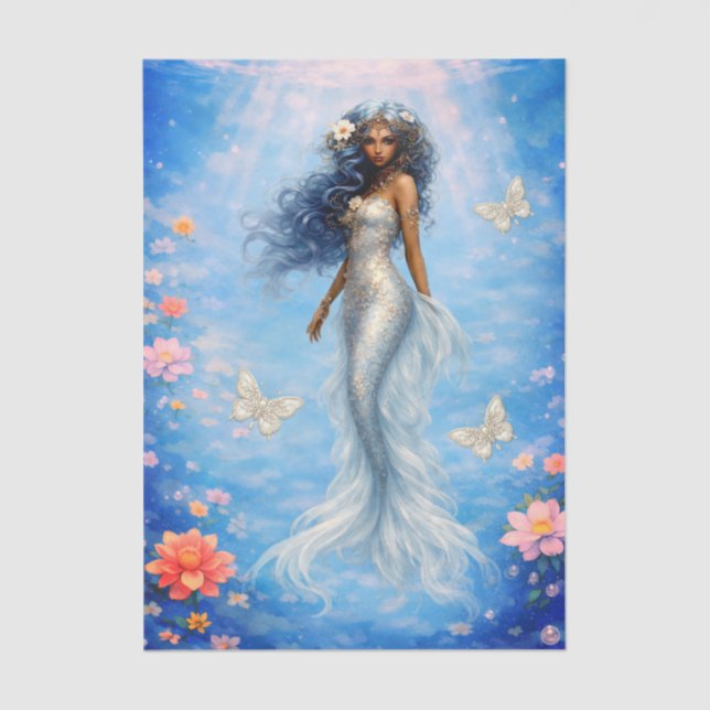 Papel De Seda Flores blancas sirena y mariposas decoupage (Anverso)