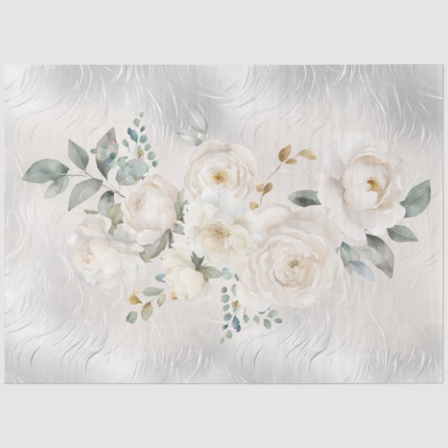 Papel De Seda Flores blancas sobre decoupage de tono plateado (Anverso)