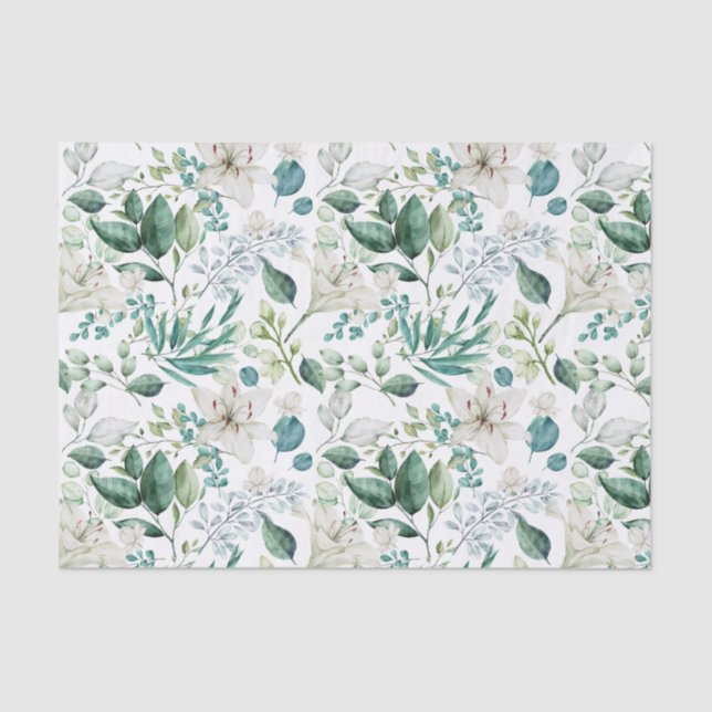 Papel De Seda Flores blancas y follaje verde para boda (Anverso)