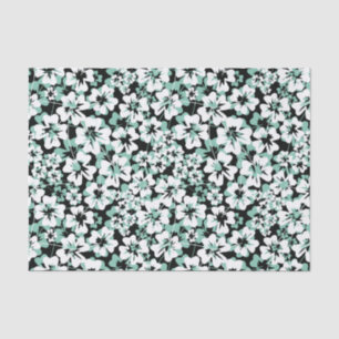 Papel De Seda Flores blancas y turquesas sobre negro.