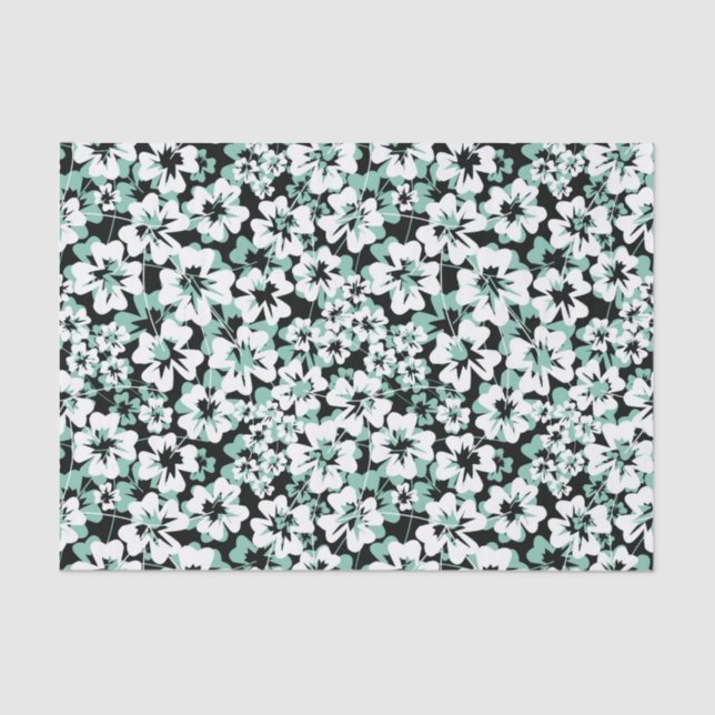 Papel De Seda Flores blancas y turquesas sobre negro. (Anverso)