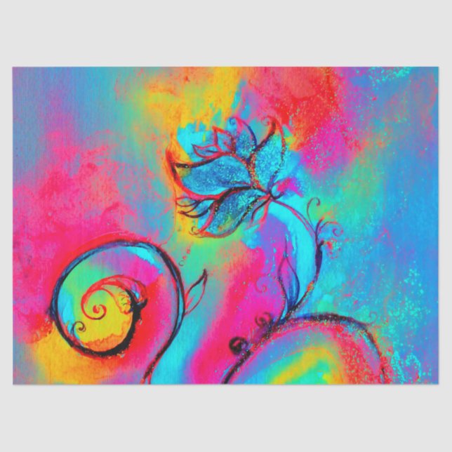 PAPEL DE SEDA FLORES BLANCOS DE FLUJOS FANTÁSTICOS AZULES ROJOS  (Anverso)