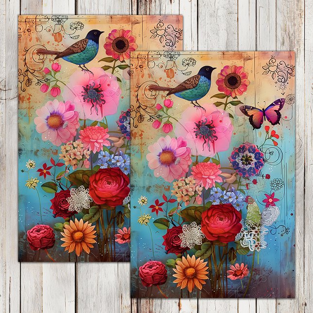 PAPEL DE SEDA FLORES BOHO Y DECOUPAGE DE PÁJAROS (BOHO FLOWERS AND BIRD DECOUPAGE TISSUE PAPER)