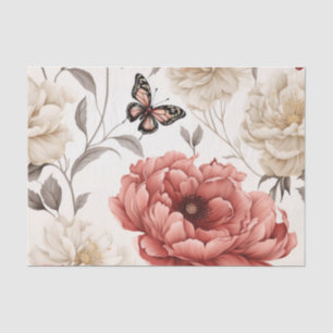 Papel De Seda Flores botánicas de crema y melocotón rojizo      