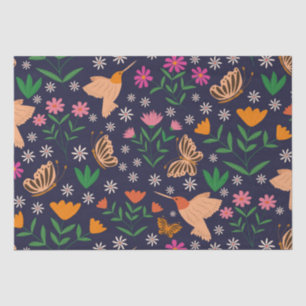 Papel De Seda Flores con colibríes y mariposas