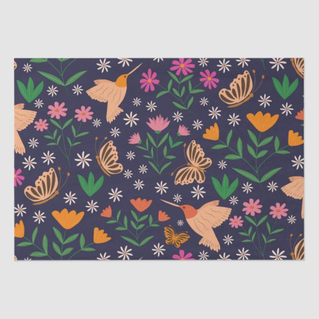 Papel De Seda Flores con colibríes y mariposas (Anverso)