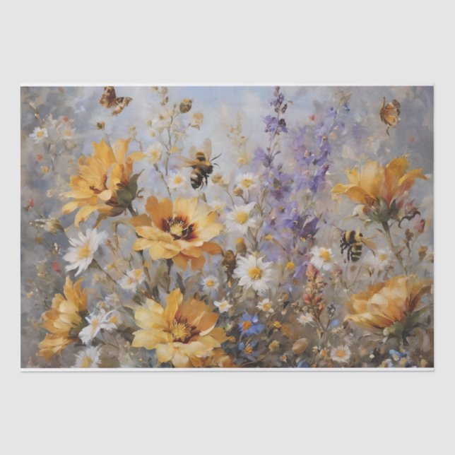 Papel De Seda Flores con Decoupage de Abejas y Mariposas (Anverso)