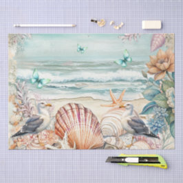 Papel De Seda Flores Costeras Gaviotas y Conchas Decoupage 