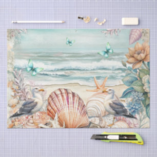 Papel De Seda Flores Costeras Gaviotas y Conchas Decoupage