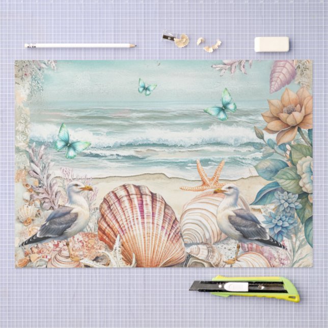 Papel De Seda Flores Costeras Gaviotas y Conchas Decoupage  (Artesanía)