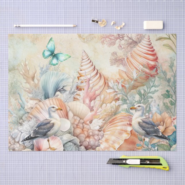 Papel De Seda Flores Costeras Gaviotas y Conchas Decoupage  (Artesanía)