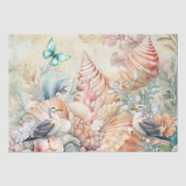 Papel De Seda Flores Costeras Gaviotas y Conchas Decoupage 