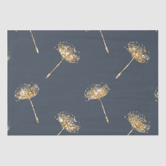 Papel De Seda Flores Dandelion Purpurina de la Marina Blue Gold  (Anverso)