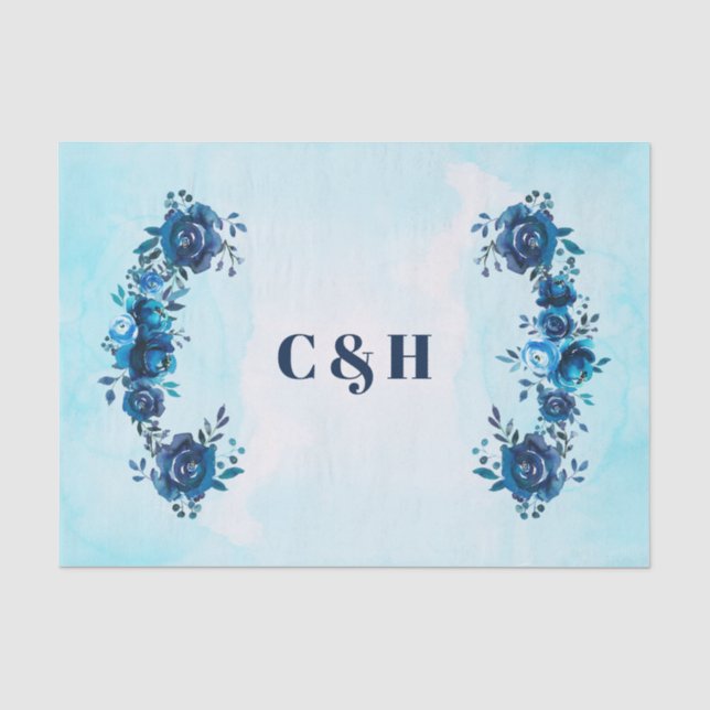 Papel De Seda Flores de Acuarela Azul añil Bodas Florales (Anverso)