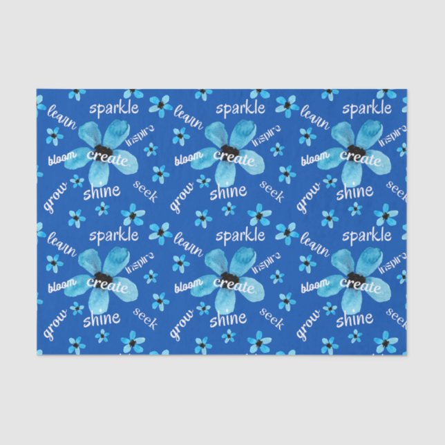 Papel De Seda Flores de Acuarela Azul con Afirmaciones (Anverso)