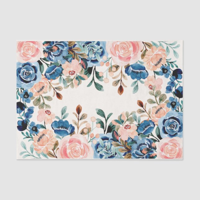 Papel De Seda Flores de acuarela rosa y azul (Anverso)