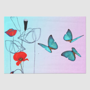 Papel De Seda Flores de amapola y descomposición de mariposas