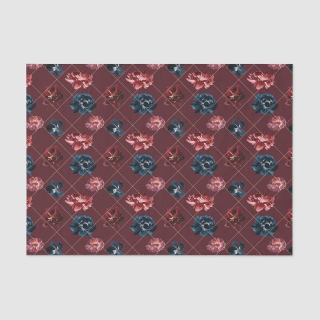 Papel De Seda Flores de Borgoña y Azul (serie roja Design 2) (Anverso)