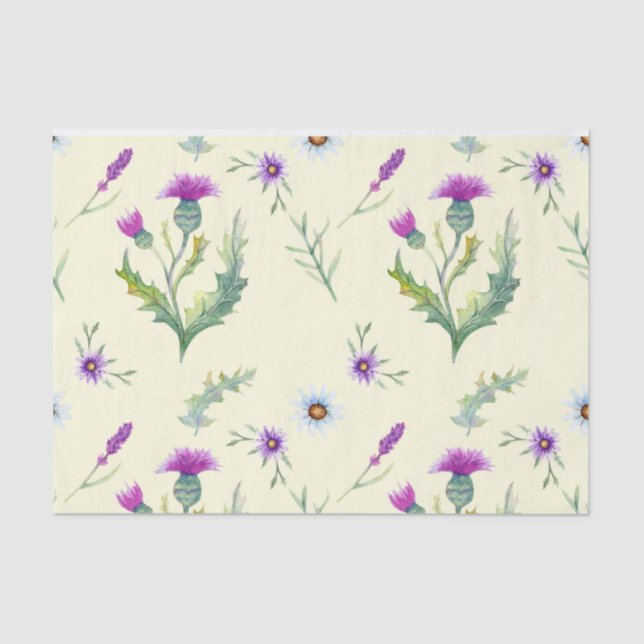 Papel De Seda flores de cardo morado de bonito, fondo amarillo (Anverso)