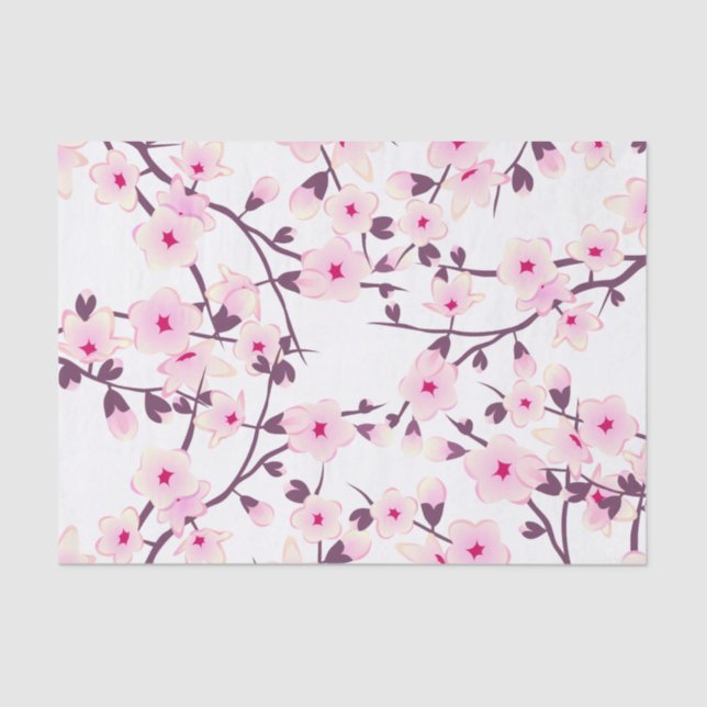 Papel De Seda Flores de cerezo en flor en blanco rosado (Anverso)