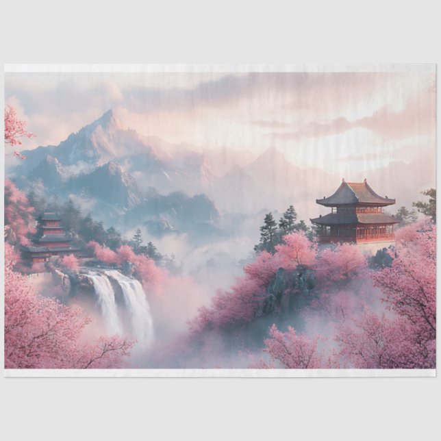 Papel De Seda Flores de cerezo japonesas y templos (Anverso)