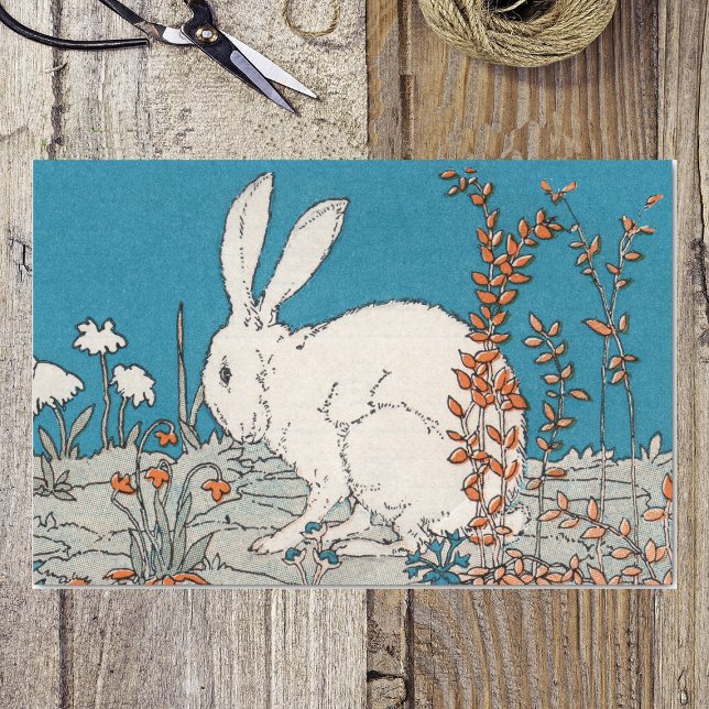 Papel De Seda Flores de conejo blanco ventilado elegantes (Fluffy white rabbit sitting in orange and white flowers on blue tissue wrapping paper for Easter.)