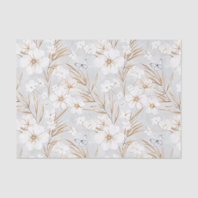 Papel De Seda Flores de crema blanca mariposas azules Baby Showe (Anverso)