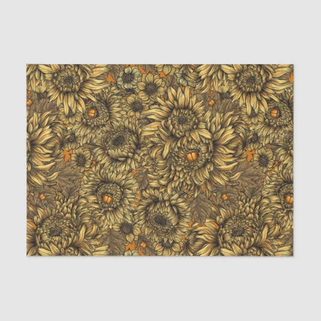 Papel De Seda Flores de crisantemo amarillo y escarabajos naranj (Anverso)
