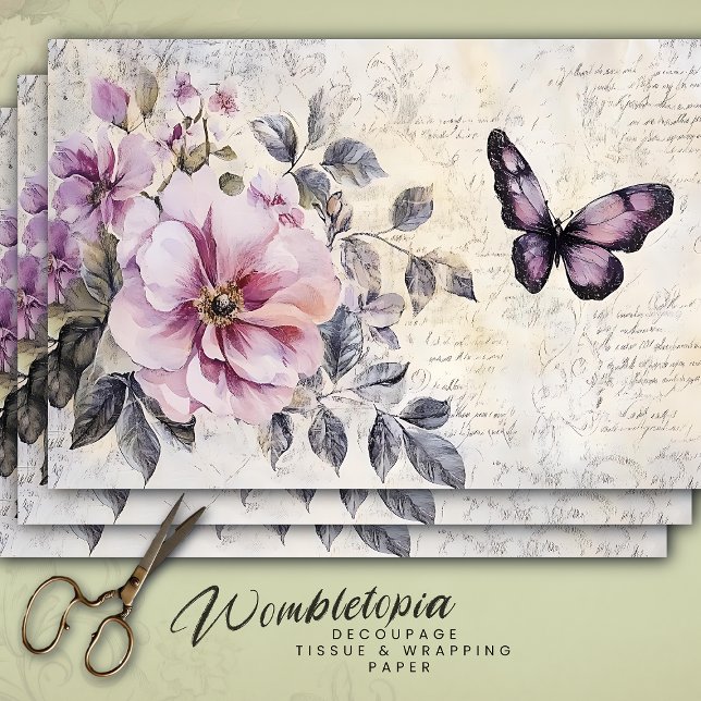 Papel De Seda Flores de época y mariposa rosa y morada (Subido por el creador)